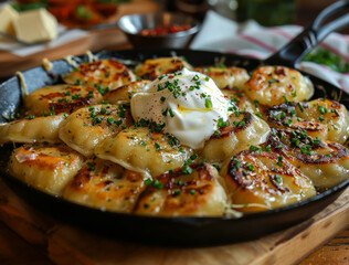 Cast iron skillet filled with cheesy pierogi and sour cream