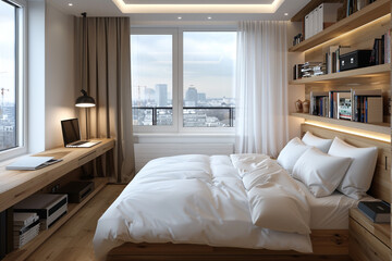 White and wooden hotel interior with bed and workplace with laptop, shelf with books. Panoramic window with curtains, parquet floor. Sleeping room in apartment, 3D rendering.
