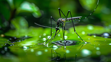 A mosquito is standing on a green leaf in a puddle of water - obrazy, fototapety, plakaty