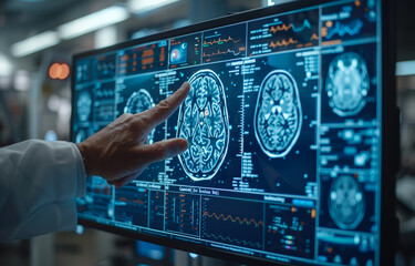 Doctor pointing at screen with brain scans - obrazy, fototapety, plakaty