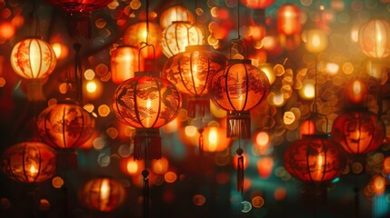 Enchanting array of hanging lanterns illuminating a festive night with warm glowing lights