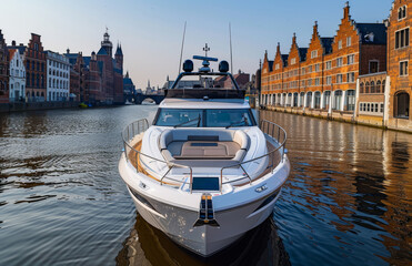 Luxury motor yacht is anchored in the port