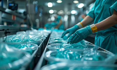 Close-up of worker's hands packing surgical masks in sterile container. - obrazy, fototapety, plakaty