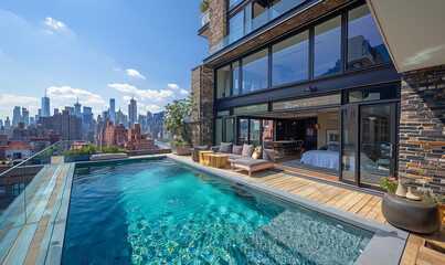 Pool and terrace with view of the city - obrazy, fototapety, plakaty