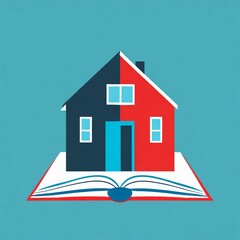 logo maison rouge et bleu sur un livre ouvert en dessin ia