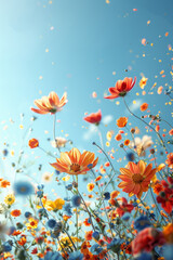 Vibrant spring meadow flowers in the air against clear blue sky, symbolizing the beauty and renewal of nature.