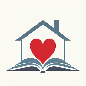 logo maison avec un coeur sur les pages d'un livre ouvert