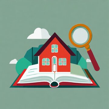 maison rouge sur un livre ouvert avec une loupe de recherche en illobilier en ia