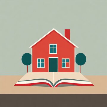 logo en dessin ia d'une maison rouge et verte posée sur un livre ouvert