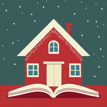logo de petite maison rouge sous a neige sur un livre ouvert en dessin ia
