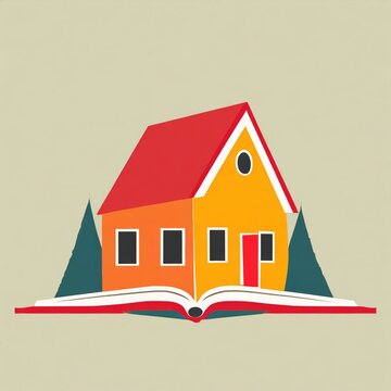 petite maison en dessin ia posée sur un livre ouvert avec des couleurs chaudes rouge, orange et jaune