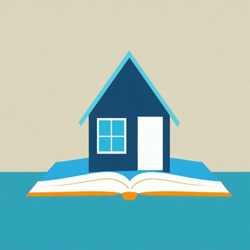 petite maison bleu sur un livre ouvert en dessin ia