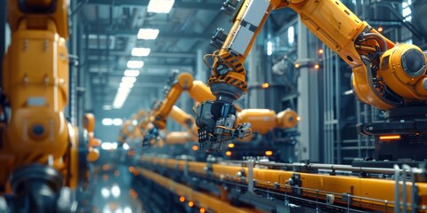 Many robot arms are working in industrial plants.
