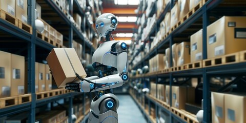 A robot is collecting parcel boxes in the shelves of an industrial factory.