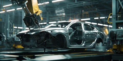 A mechanical arm is working inside a car factory.