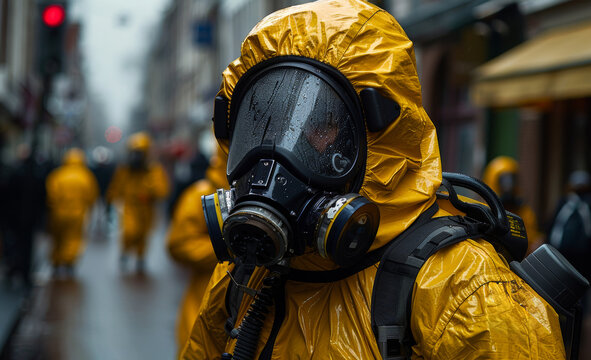 Man in yellow protective suit stands in the middle of street with gas mask on.