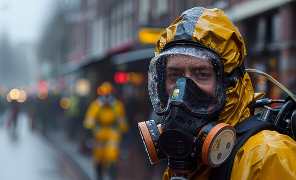 Man in yellow hazmat suit stands in the rain on city street.