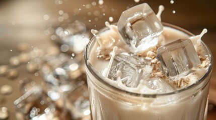 Refreshing iced coffee with splashing milk and floating ice cubes in close-up shot