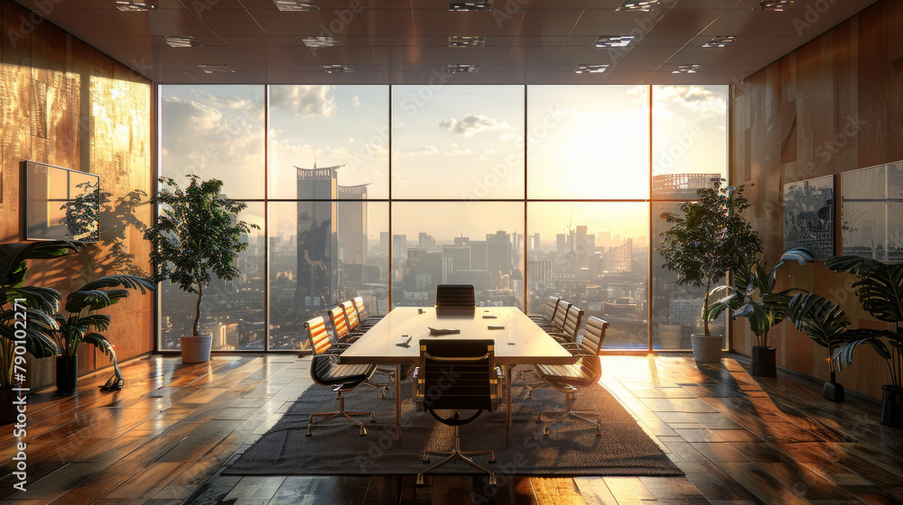 Poster modern office spaces with open layouts, conference rooms, and large windows, creating a professional