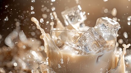 Refreshing iced coffee with splashing milk and floating ice cubes in close-up shot