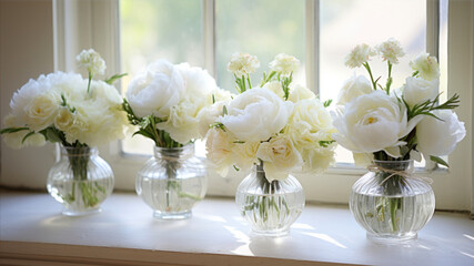 White peony flowers in vases on the windowsill. Bouquet of white peonies