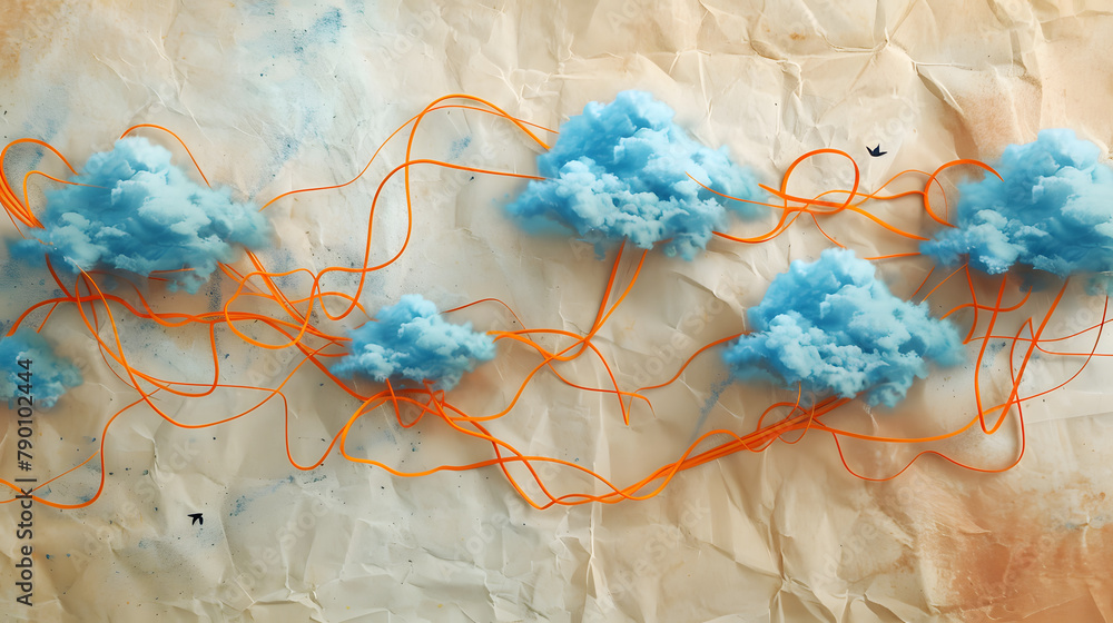 Poster a plot of developing stories with orange threads and blue clouds on a parchment background. depictin