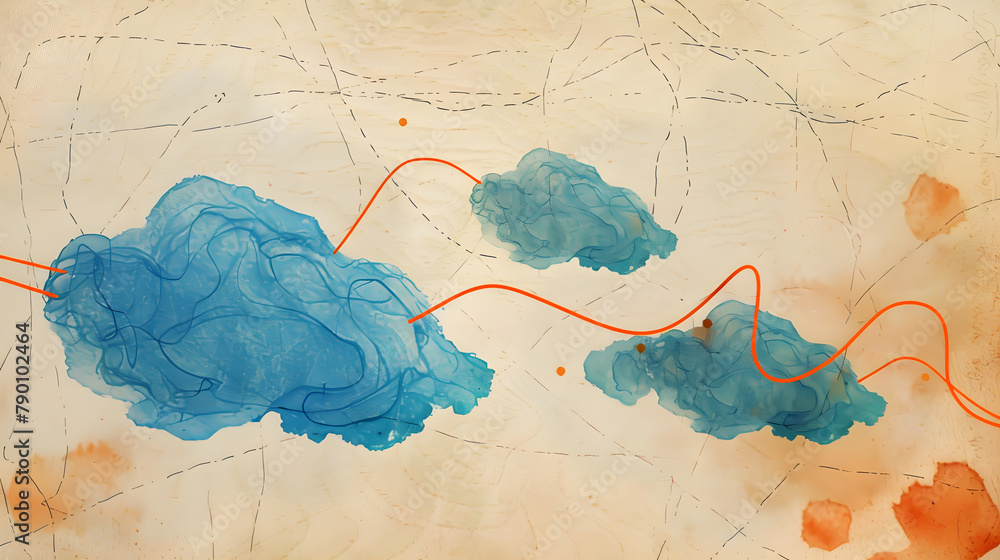 Poster a plot of developing stories with orange threads and blue clouds on a parchment background. depictin