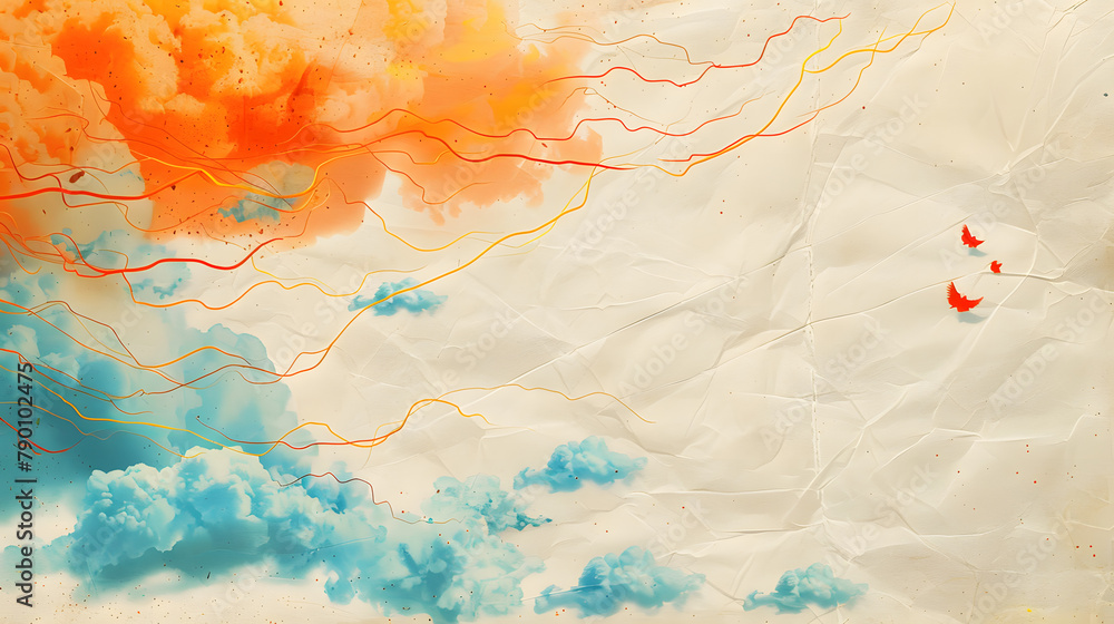 Poster a plot of developing stories with orange threads and blue clouds on a parchment background. depictin