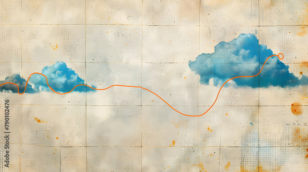 Poster a plot of developing stories with orange threads and blue clouds on a parchment background. depictin