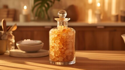 Obraz na płótnie Canvas gourmet salt crystals in a clear glass bottle, adding a touch of refinement to a well-lit kitchen setting