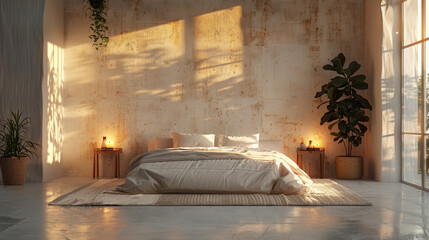 The design and aesthetics of a minimalistic and sophisticated bedroom with soft lighting and textured walls.