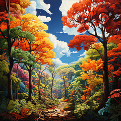 Capture the grandeur of towering trees and lush canopies in a vibrant acrylic painting showcasing a unique worms-eye view perspective