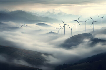 An image of wind turbines in a foggy mountain landscape background.