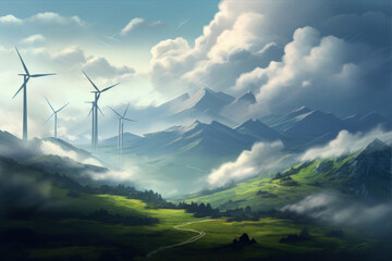 Wind turbines in the mountains in the fog. - obrazy, fototapety, plakaty