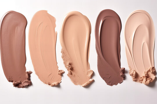 Different tones of liquid foundation as background, close up texture of makeup products. Concept of diversity in beauty care