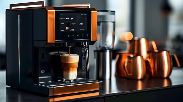 In the office, a modern machine with a coffee cup.