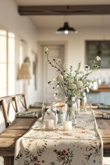 Rustic Elegance: Farmhouse Chic Dining Room with Floral Table Runner