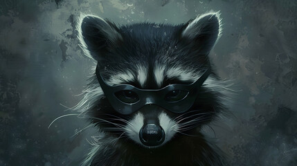 A raccoon in a stylish bandit mask. radiating mischief with its black and white colors and unique appearance - obrazy, fototapety, plakaty