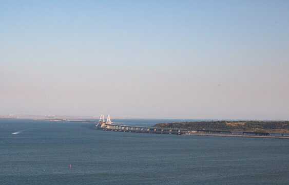 View of the Crimean bridge from Mount Mitridat in Kerch in summer