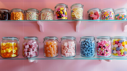 Fototapeta na wymiar A range of porcelain jars containing different types of candies. including gummies and chocolates