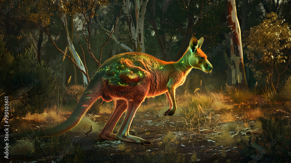 Poster a red kangaroo with glowing green and yellow patches hopping in the vast outback. surrounded by euca