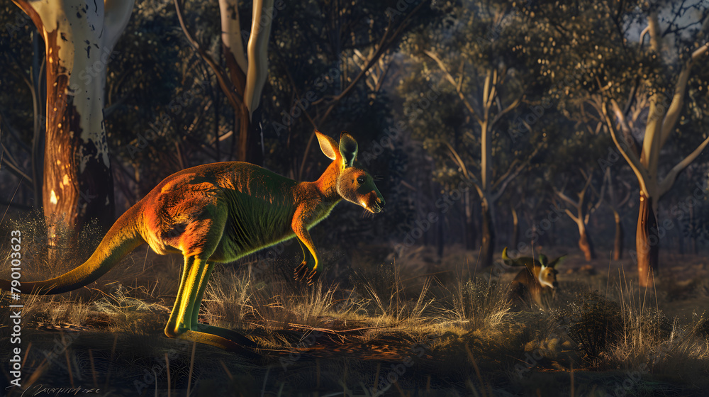 Poster a red kangaroo with glowing green and yellow patches hopping in the vast outback. surrounded by euca