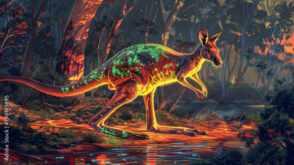 Poster a red kangaroo with glowing green and yellow patches hopping in the vast outback. surrounded by euca