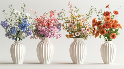 Four vases of different colors and sizes filled with flowers