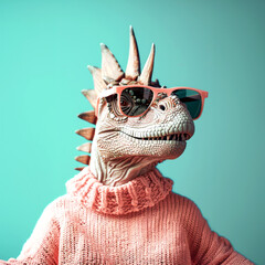 Stylish Dinosaur in Sweater and Sunglasses Posing for a Portrait