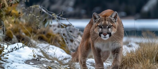 Intrepid Stare, Puma Amidst Snowy Mountain Peaks