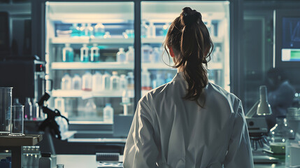 Fototapeta premium A scientist in her lab coat. standing in a research facility with colleagues and lab equipment around. The view is from behind her as she oversees her teams work during the day