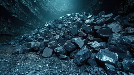 Fototapeta premium pile tons of coal stone in mine cave background setting