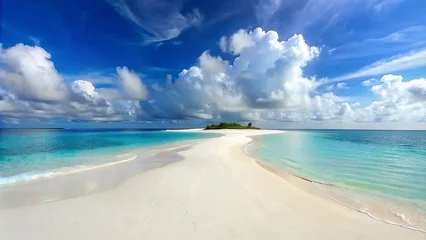 Rugzak Tropical island with white sand beach and clouds in the blue sky © vectorize