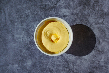Overhead shot of a tub of margarine